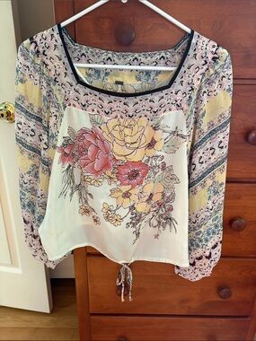 Free People Floral Mixed-Print Drawstring Blouse - Pink, Yellow, Cream